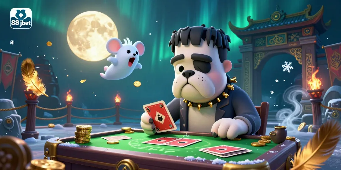 Engage in thrilling card games at 88jbet with unique characters on a spooky table.