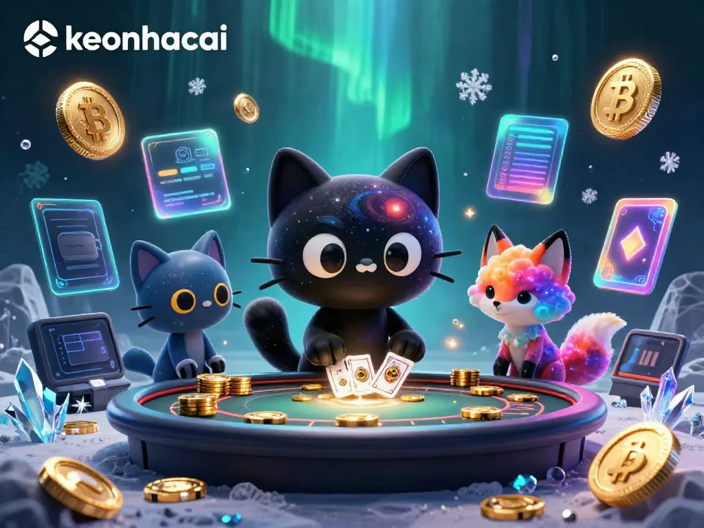Experience keonhacai in an immersive cosmic casino with a black hole cat pulling in chips, surrounded by colorful cryptocurrency elements.