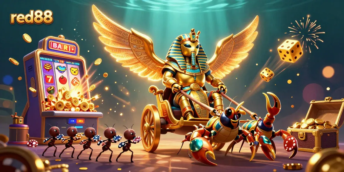 Join the excitement at red88 with a golden scarab beetle and slot machine bursting with coins.