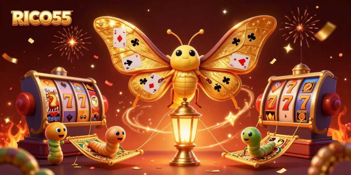 Engage with RICO55's dynamic casino scene featuring vibrant 3D characters, spinning slots, and captivating jackpot elements.