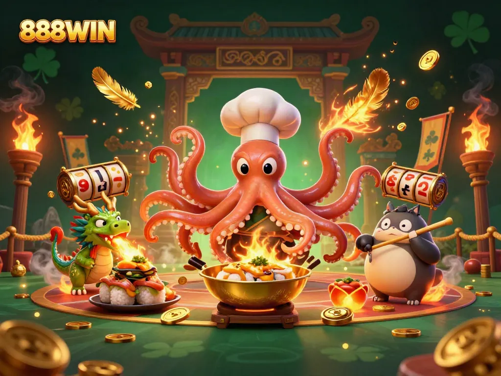 Experience thrilling games at 888WIN with an epic casino scene filled with excitement, fire, and fortune.