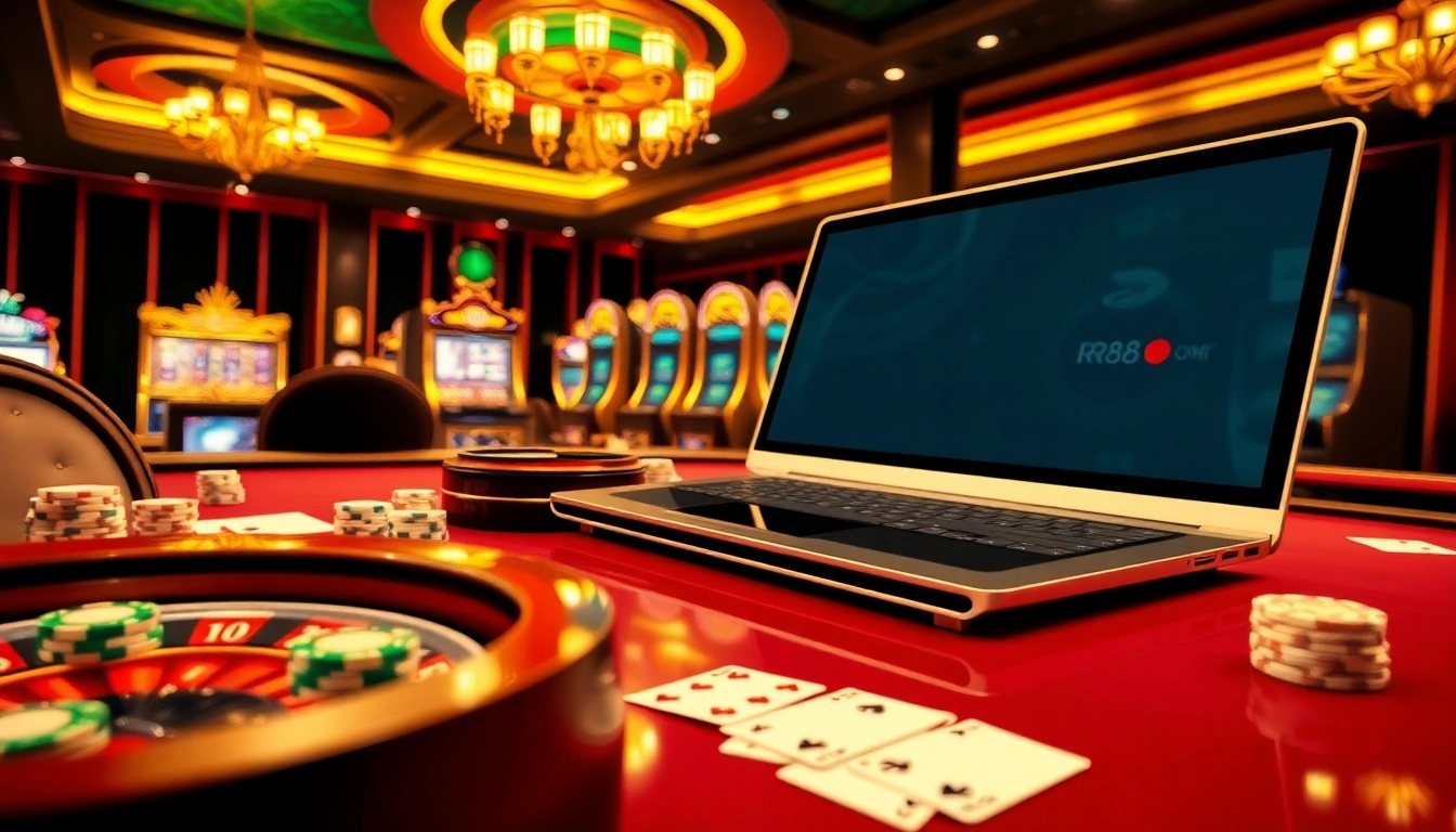 Experience exciting games at rr88.com with vibrant poker chips and a luxurious online casino atmosphere.