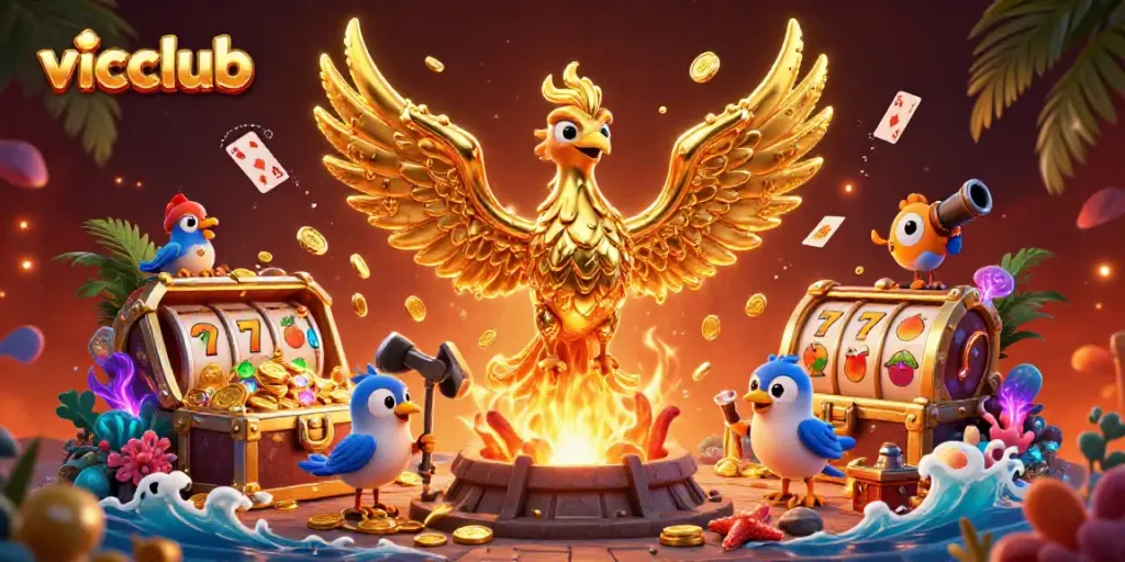 Join the adventure at vicclub while winning gold coins with the magical phoenix and playful characters.