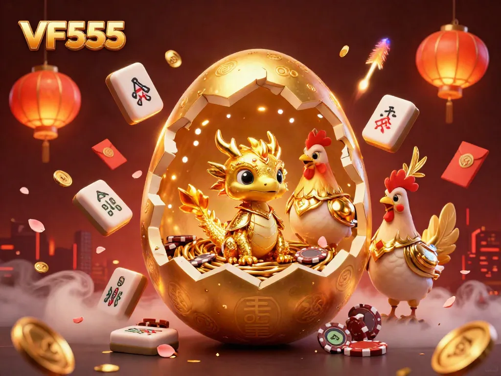 Experience the excitement of VF555 with a golden dragon and cheerful casino elements.