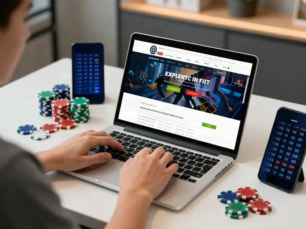 Engaging online betting experience with https://uk88win.org/ on laptop screen and gaming items around.