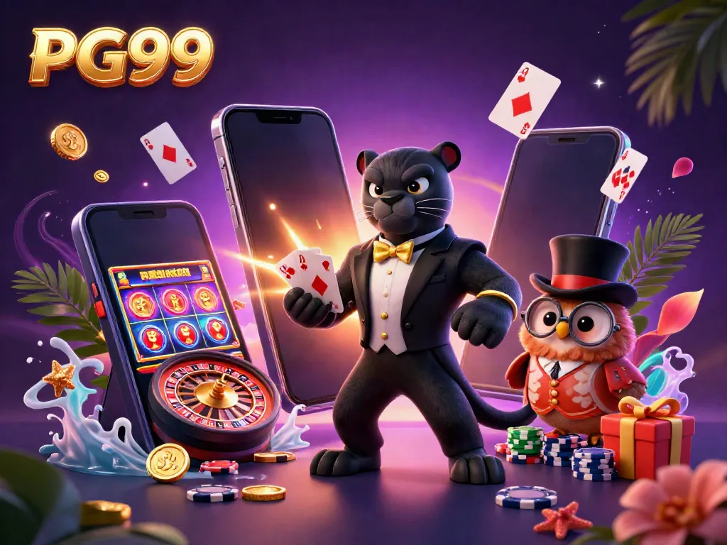 Engaging scene with the stylish panther dealer, owl with poker chips, and lucky mouse at PG99 casino.