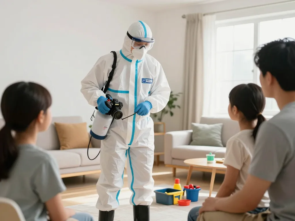 Dedetizadora technician applying pest control treatment in a clean residential space, ensuring safety and effective pest management.