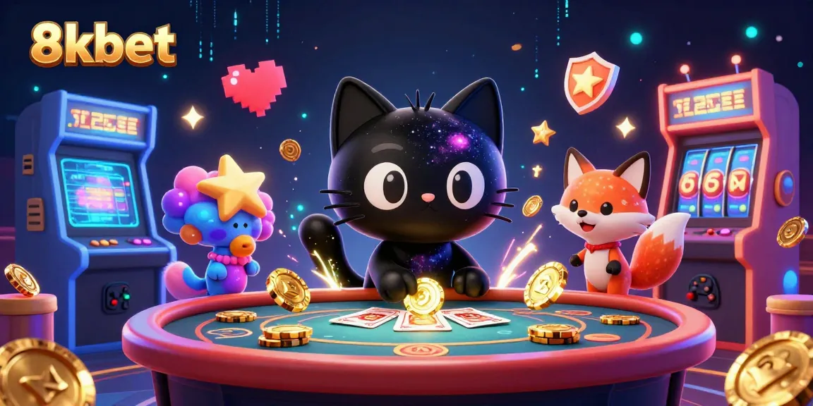 Play at 8xbet's vibrant cosmic casino with a black hole cat and nebula fox amidst glowing gaming elements.