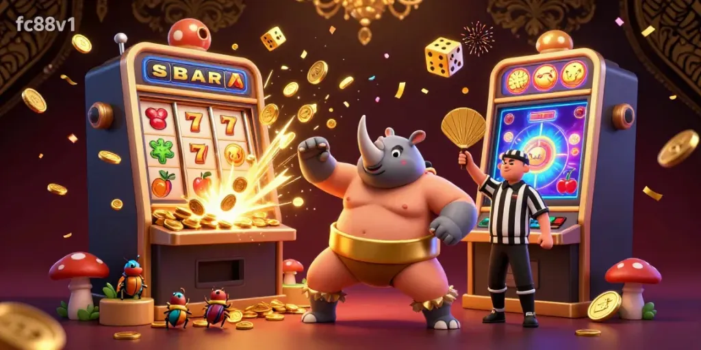 Experience the thrill of fc88v1 with a sumo beetle champion celebrating coins flying in a dynamic casino setting.