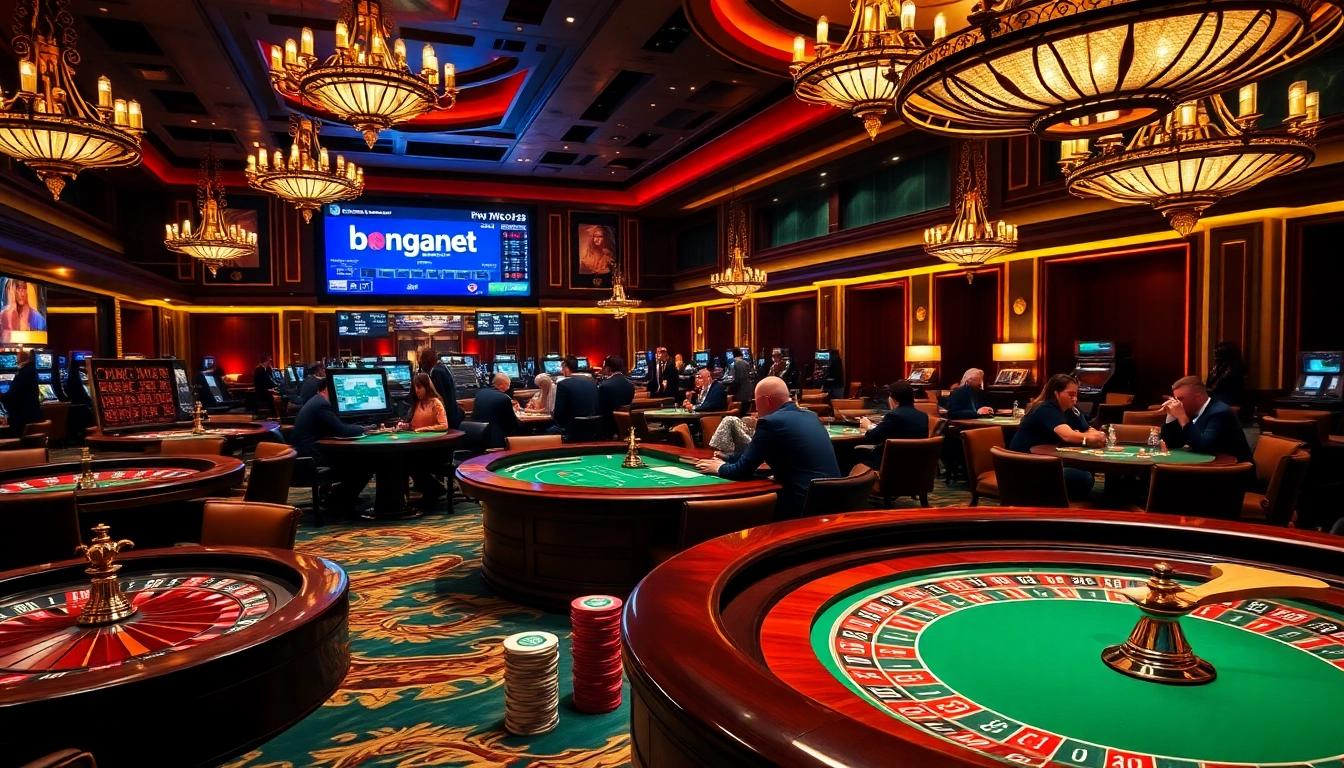 Bongdanet gamblers engaging in a high-stakes poker game surrounded by luxury casino decor.