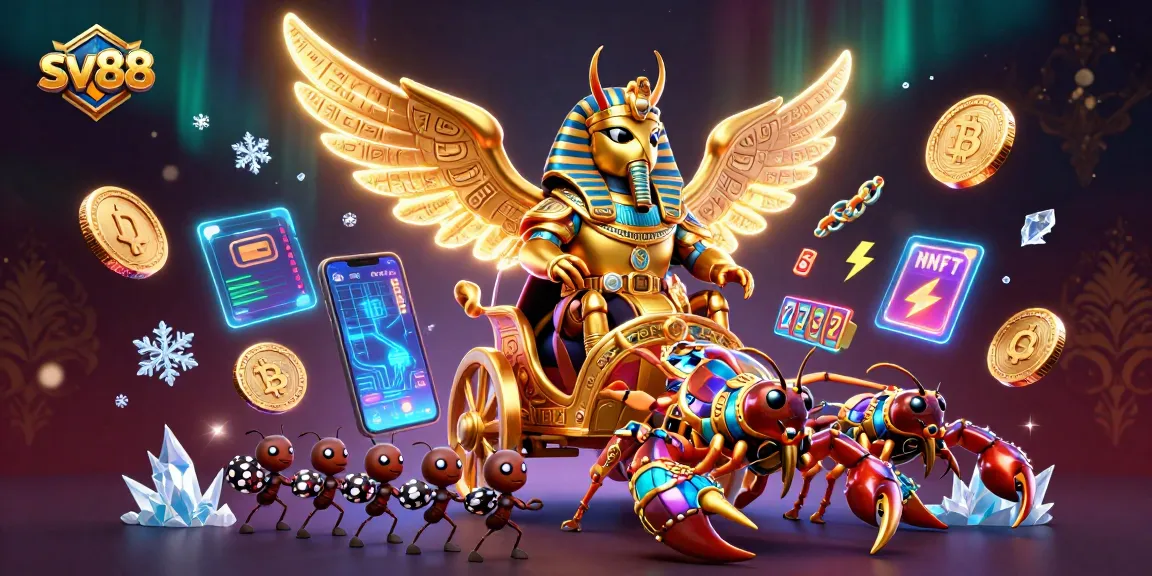 sv88 showcases a colossal scarab beetle in a vibrant casino scene with glowing crypto elements.