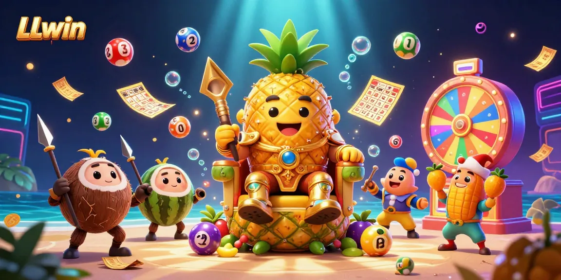 Experience LLwin's vibrant gaming scene with a golden pineapple king surrounded by casino excitement.