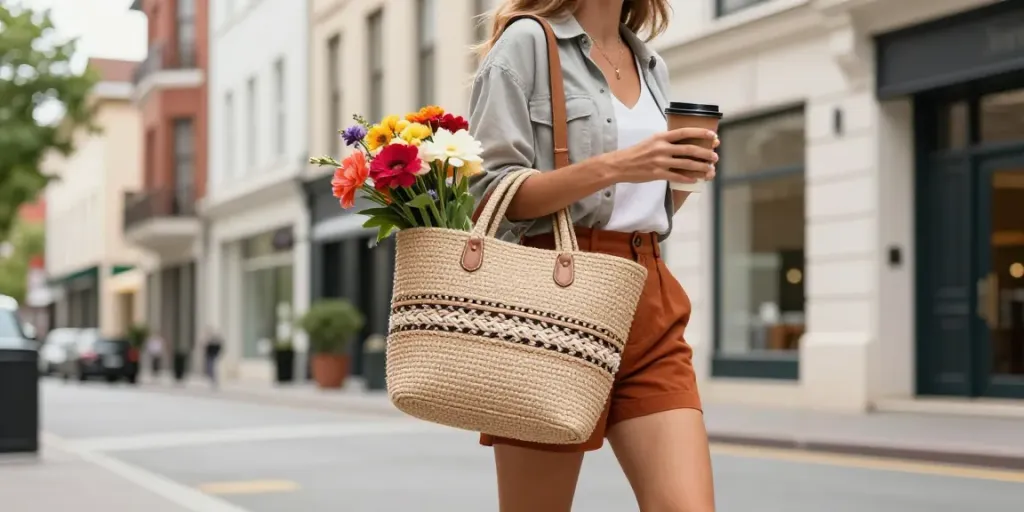 Woman showcasing a handmade raphia bag in a vibrant city setting.