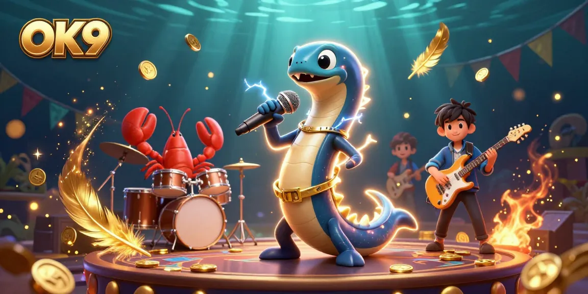 Engage in thrilling gameplay at OK9 featuring electric eel DJs and vibrant casino elements.