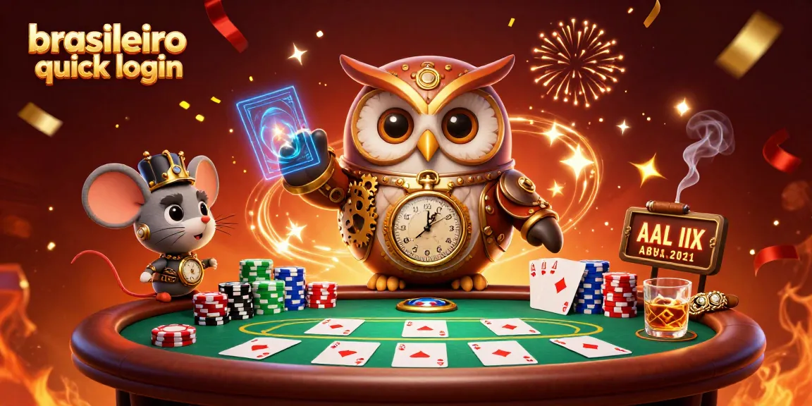 Experience brasileiro quick login with a vibrant, action-packed casino scene featuring a quirky owl and holograms.