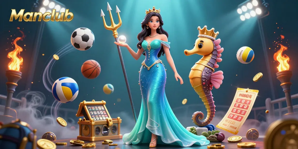 Engage with thrilling Manclub gaming, illustrated with sports elements and a captivating underwater scene.