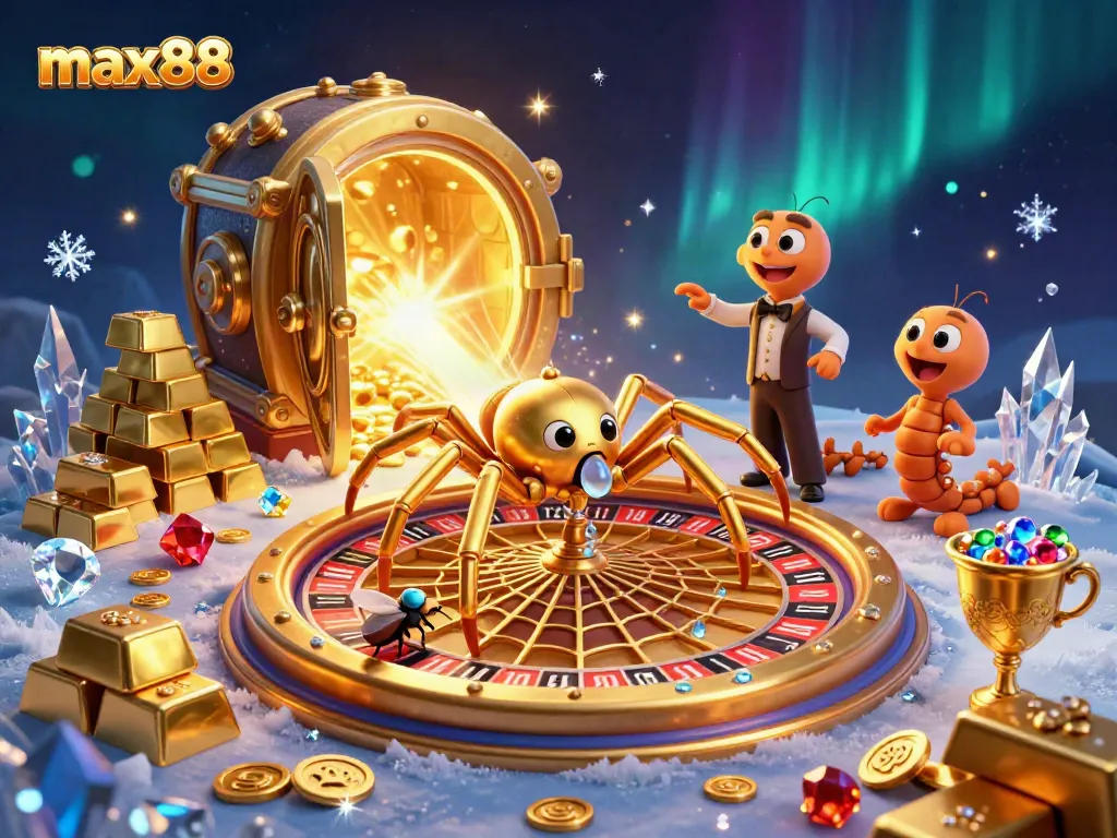 Max88 showcases a golden spider and croupier in an extravagant casino scene with dynamic gaming elements.