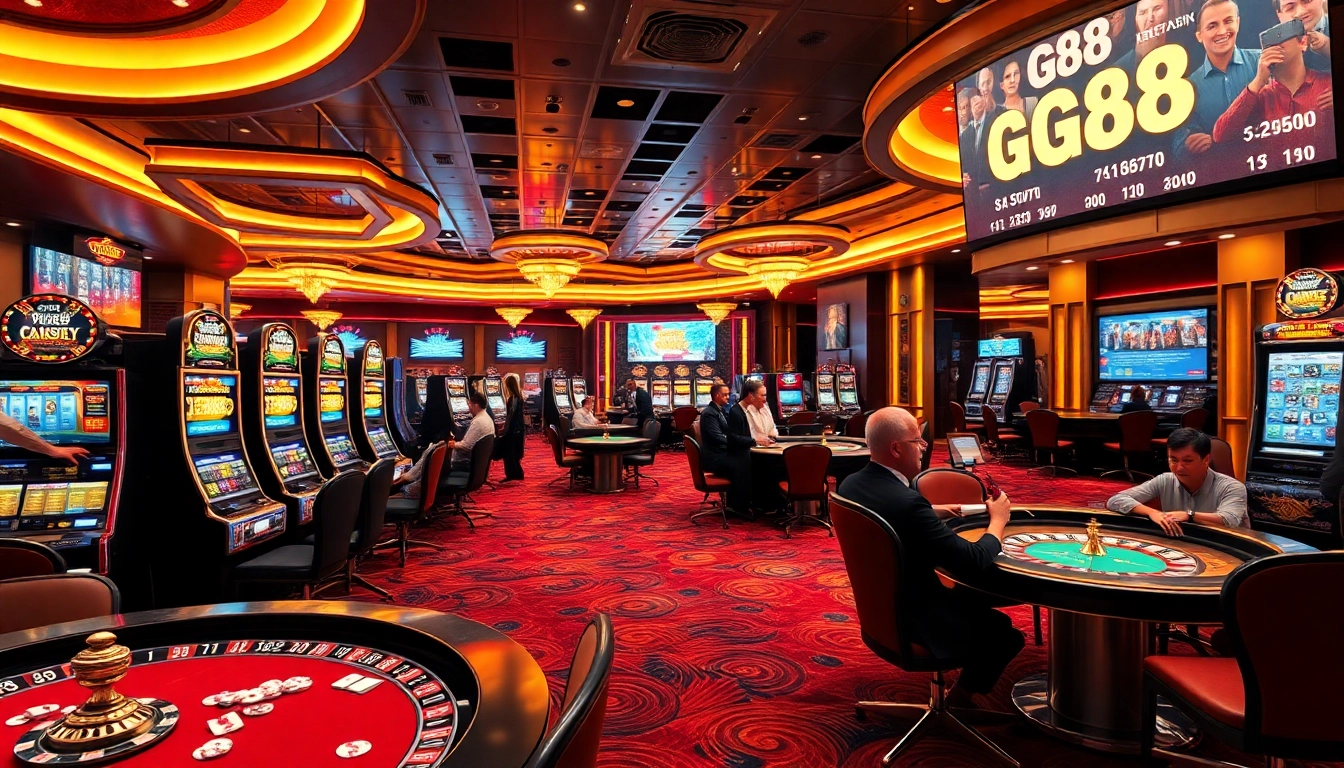 Exciting casino scene at GG88 with players engaging at slot machines and poker tables.