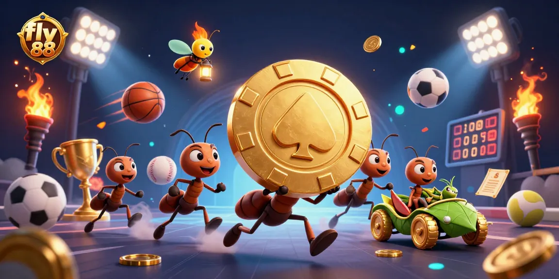 Engage with fly 88's thrilling games as a team of ants hoists a giant golden poker chip in an electrifying casino heist scene.