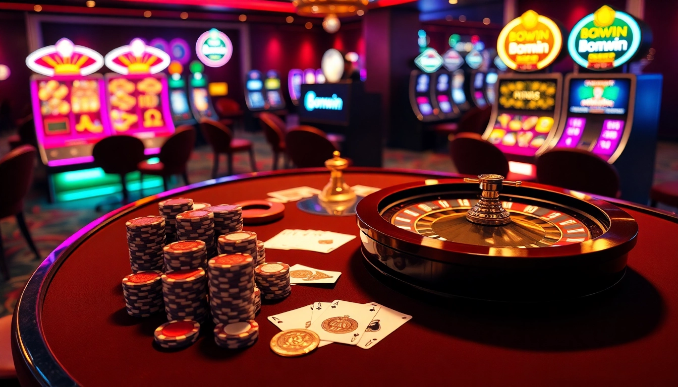 Engage in thrilling casino action with Bomwin, featuring high-stakes poker and luxurious gaming tables.