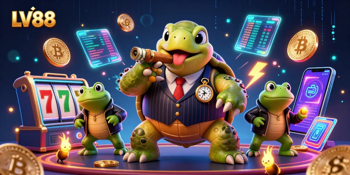 Spin the reels at LV88 with a cartoon snapping turtle in a mobster suit surrounded by vibrant casino elements.