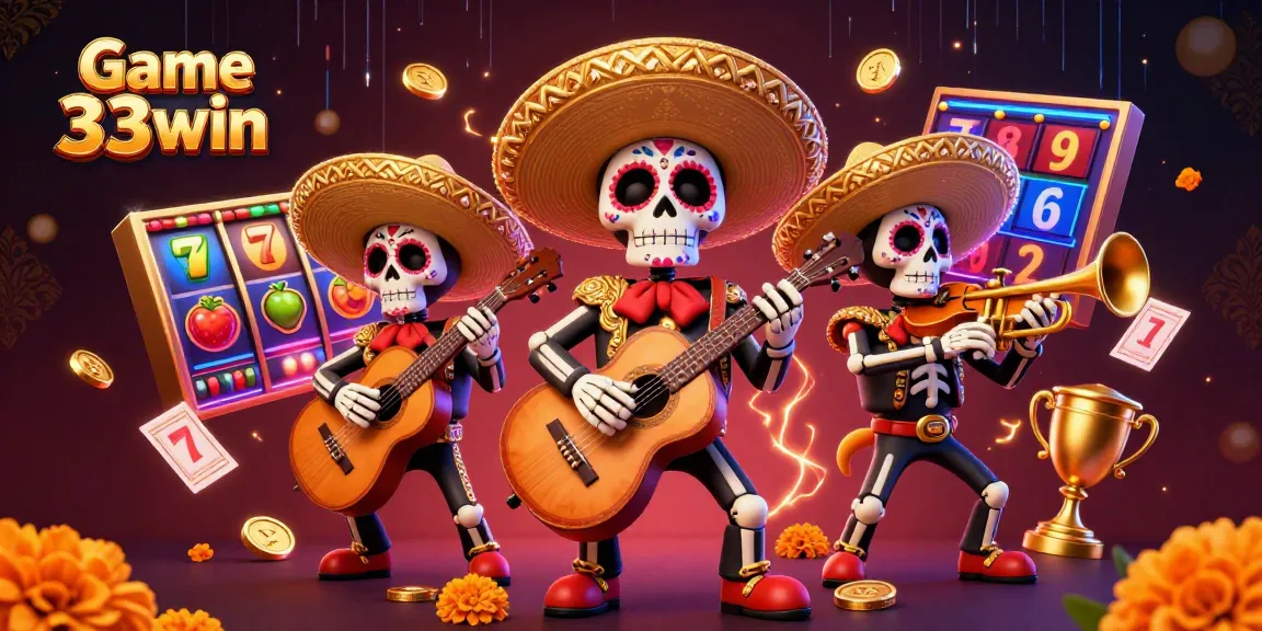 Experience thrilling gameplay with Game 33win, featuring a vibrant 3D mariachi band amidst slot game excitement.