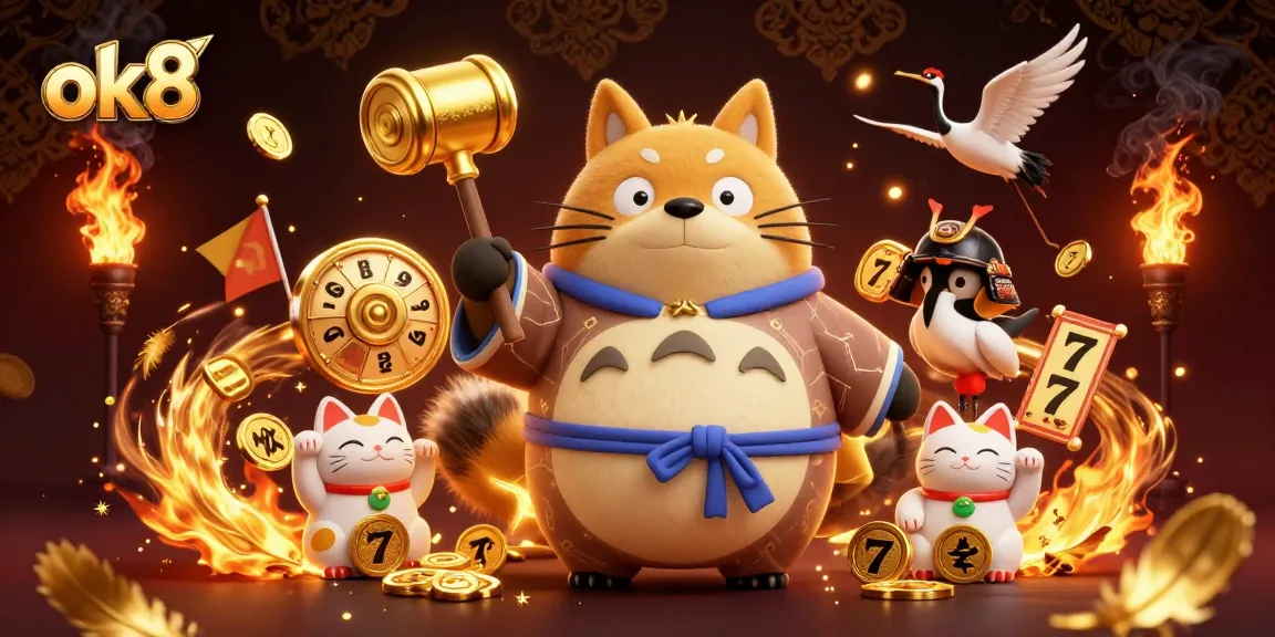 Experience thrilling gaming action with OK8's vibrant characters and slot elements in a festive atmosphere.