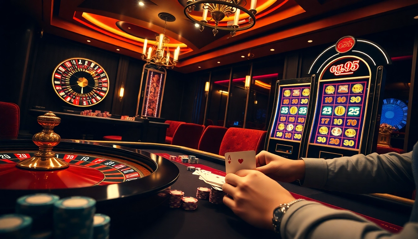 Experience the thrill of casino gaming with gg.95 as poker chips stack high and the roulette wheel spins.