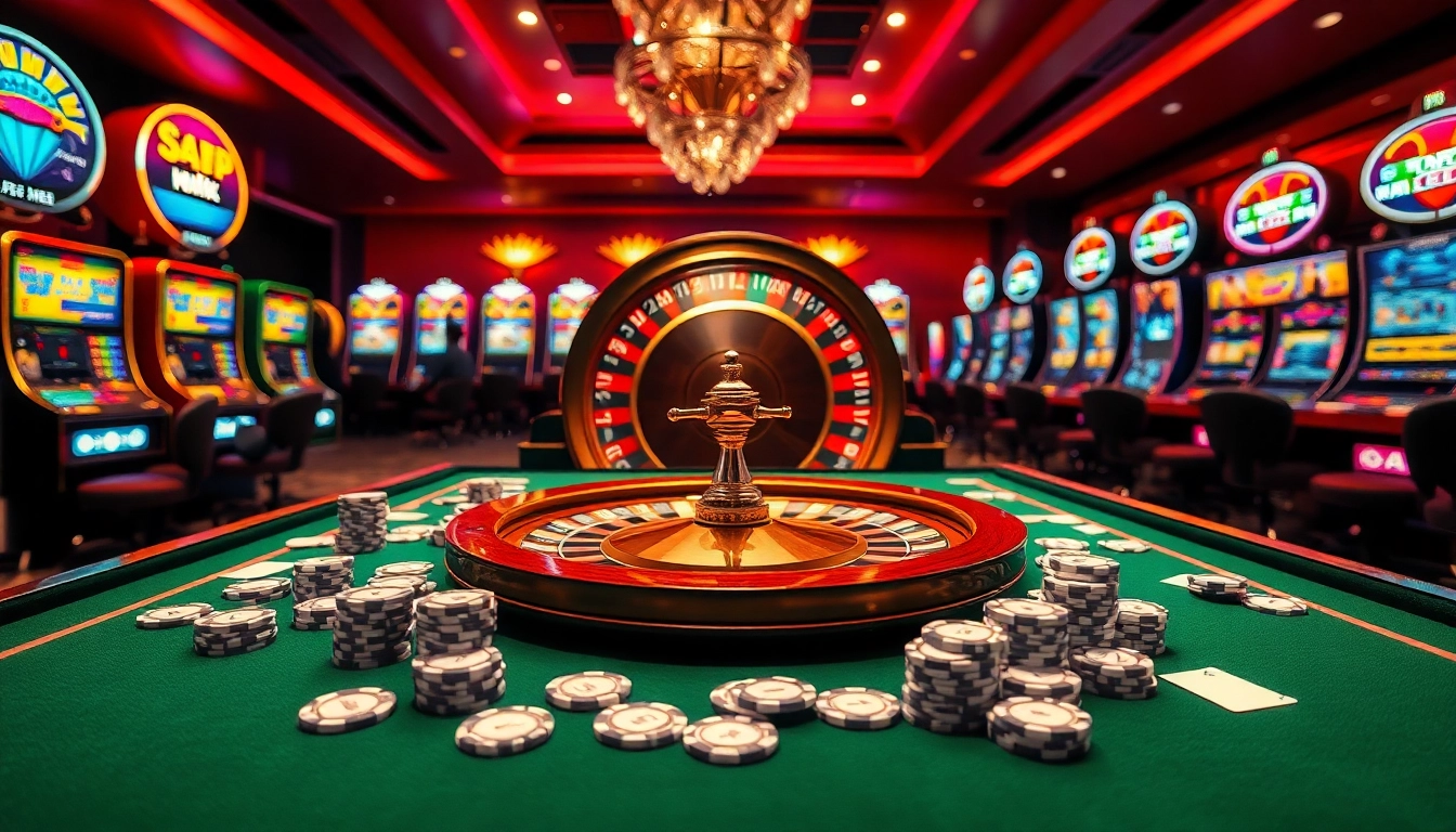 Experience the excitement of v9bet login at a luxurious casino, with vibrant gaming tables and slot machines.