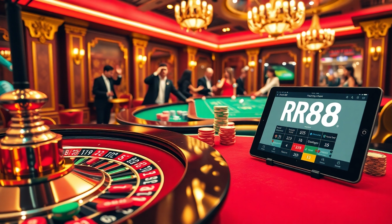 Experience the thrill of online gambling at https://rr88.select/ with a luxurious casino scene featuring roulette and players.