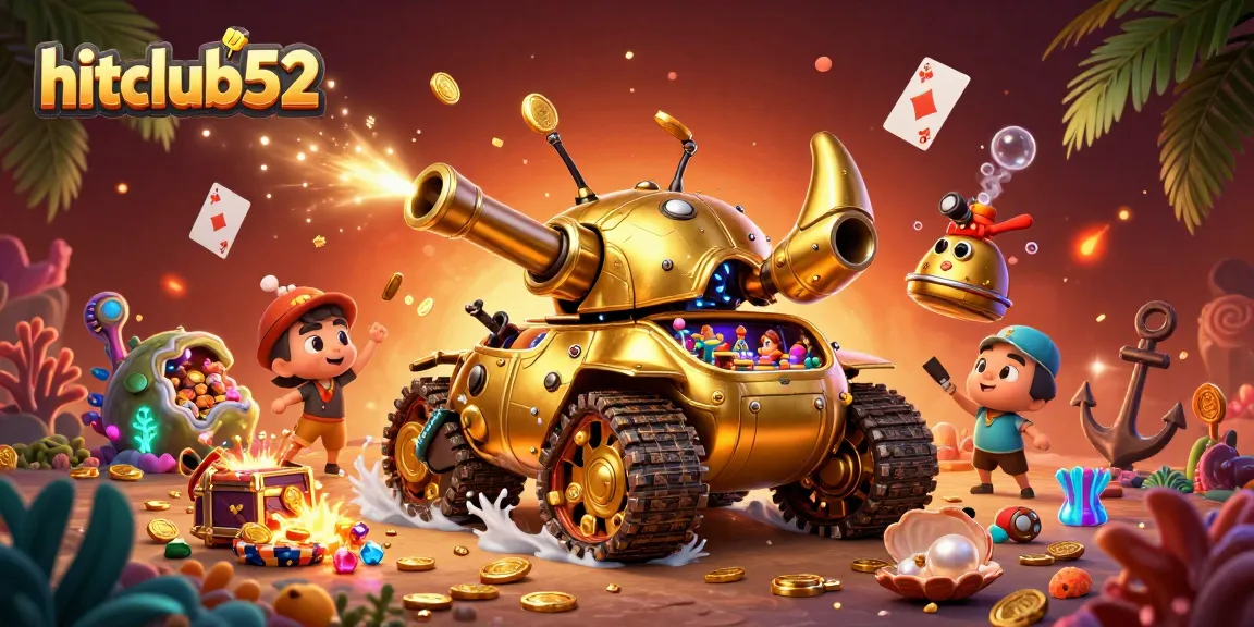 Hitclub52 presents a vibrant gaming scene with a golden beetle tank, confetti, and casino elements.