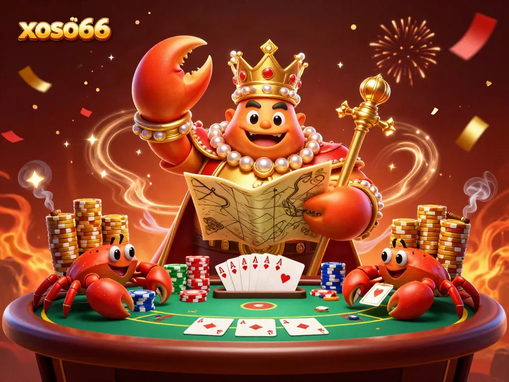 Experience exciting gameplay with xoso66’s massive crab emperor, celebrating poker wins and treasures.