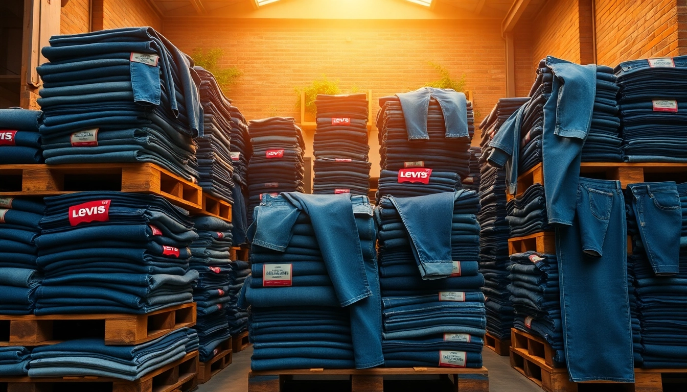 Shop vibrant Levi’s and American eagle jeans pallets arranged for easy shopping.