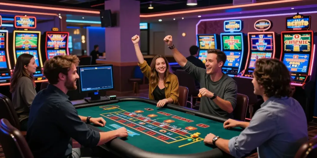 Dynamic online gaming scene with players enjoying TA88 casino games and celebrations.