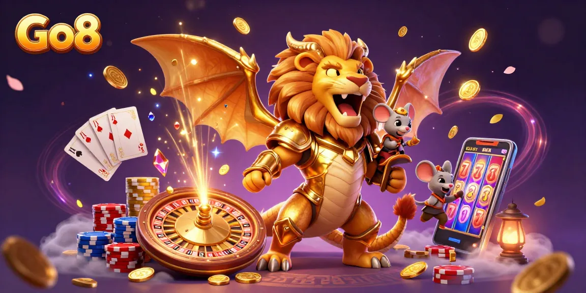 Experience the excitement of Go8 casinos with a majestic chimera and gaming elements in 3D.