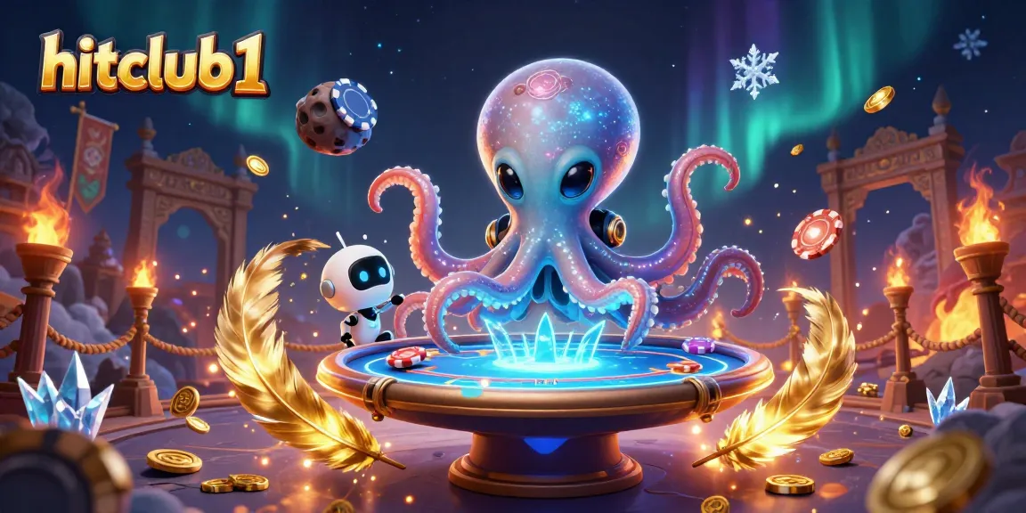 Engage with hitclub1's thrilling gameplay featuring an alien octopus and robot at a holographic poker table.