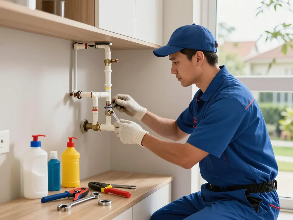 Plumber in São Paulo inspecting PEX system installation for quality service.