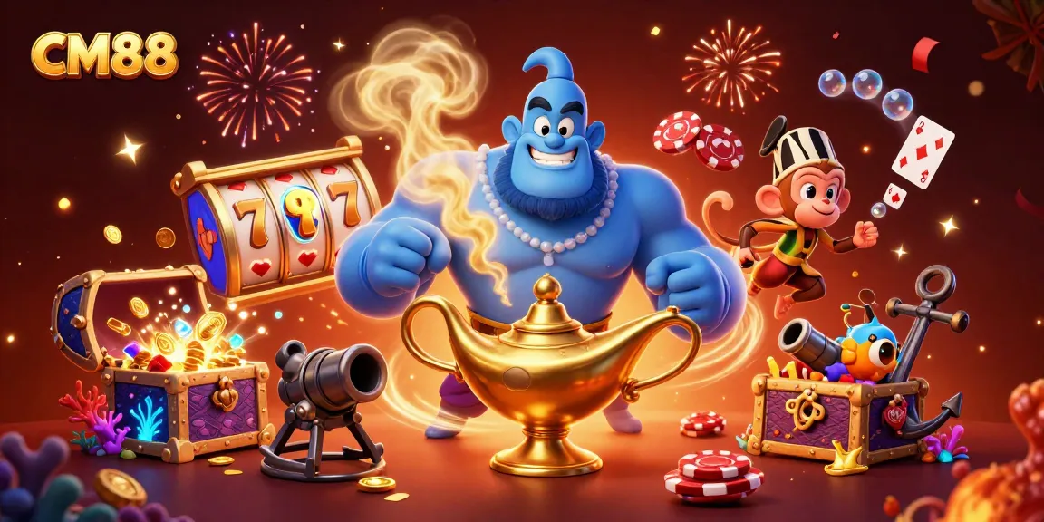 Experience winning at CM88 casino with vibrant 3D cartoon characters surrounded by slot reels and treasure.