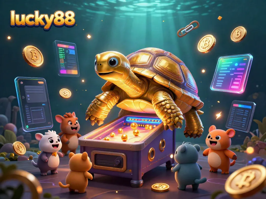 Experience the excitement of lucky88 with a vibrant scene featuring a golden tortoise pinball machine and energetic small animals.