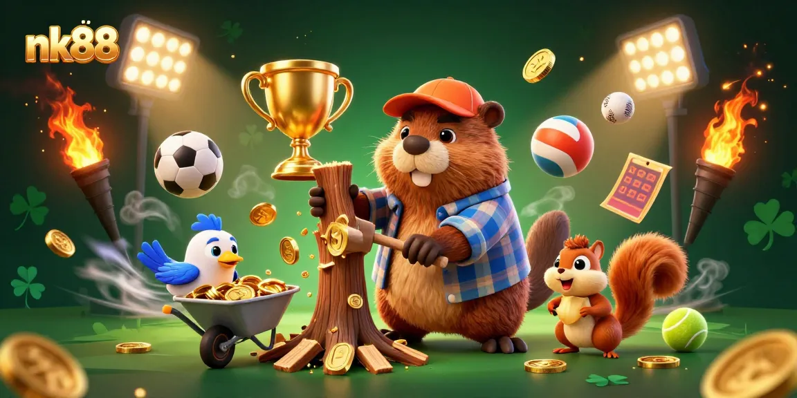 Enjoy nk88's thrilling slots with a beaver raining gold coins while sports elements soar.