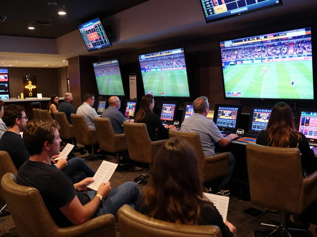 Engaging scene of strategic soi kèo betting in an upscale casino lounge during live sports events.