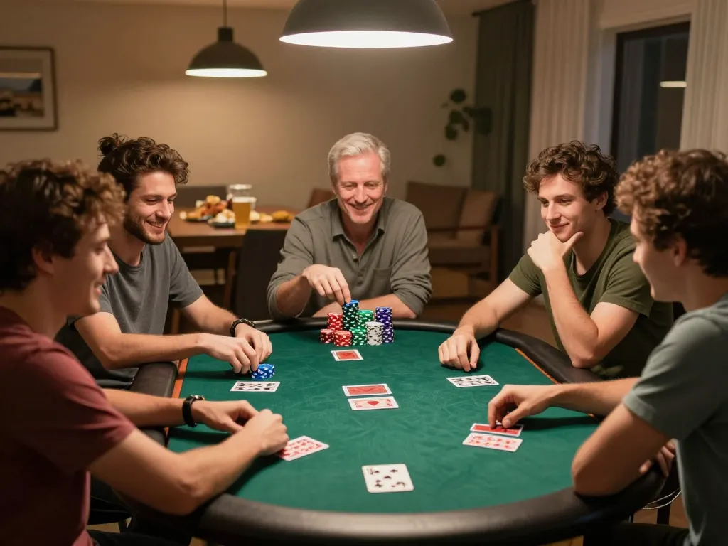 Players enjoying an engaging poker game night at home showcasing camaraderie in a social gambling setting on 33nn.