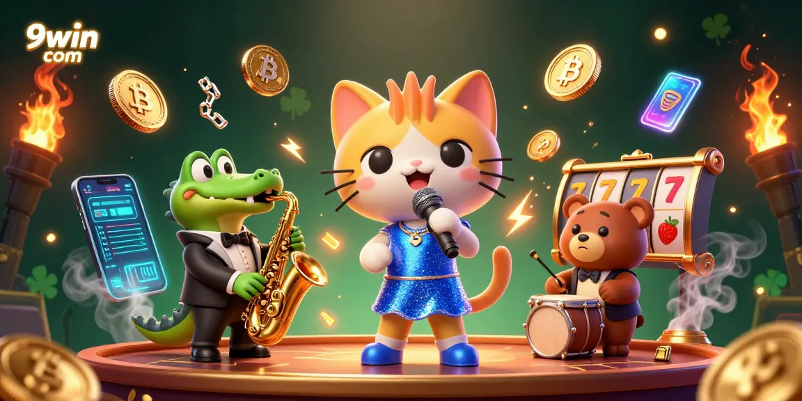 Engage with 9win com's vibrant casino scene featuring a jazz-singer cat, saxophone croc, and drum cub amidst lively crypto elements.