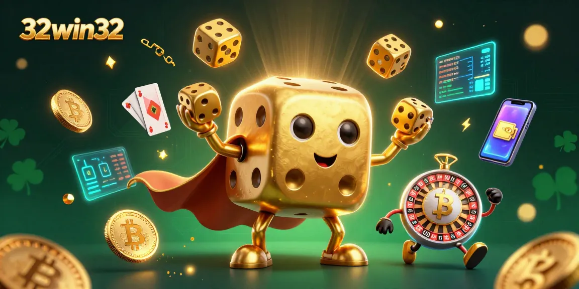 Engage in gaming excitement with 32win32, featuring a dazzling 3D golden dice golem and enchanting crypto elements.