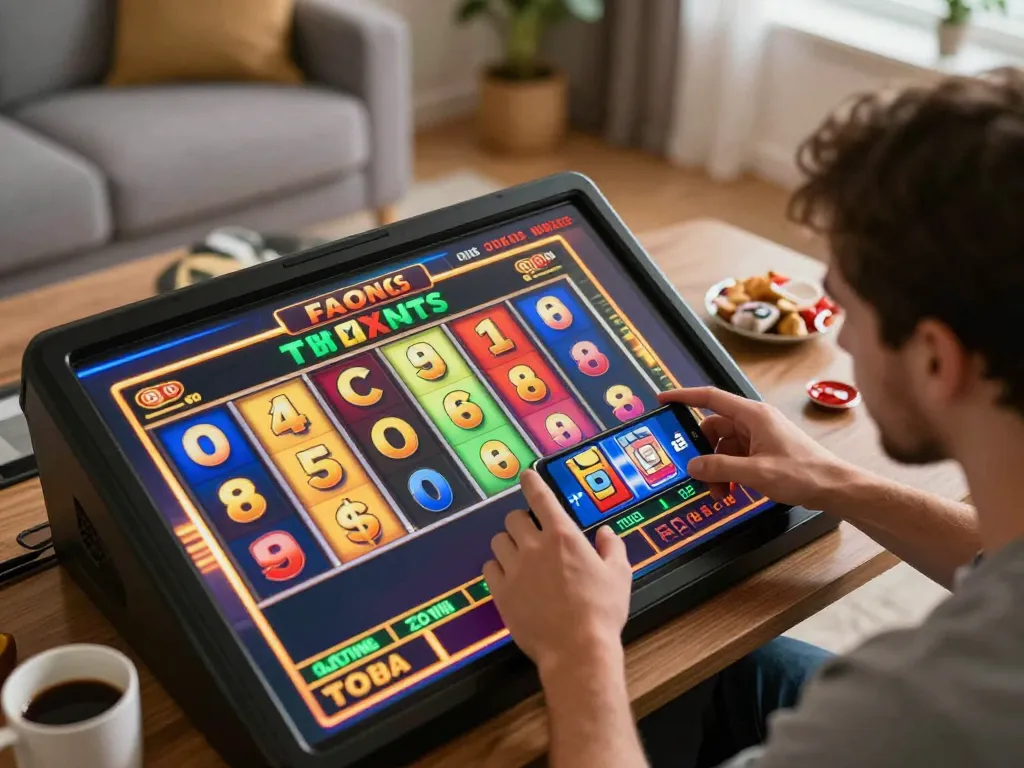 Player enjoying jjnn mobile slots game, colorful reels and potential winnings displayed