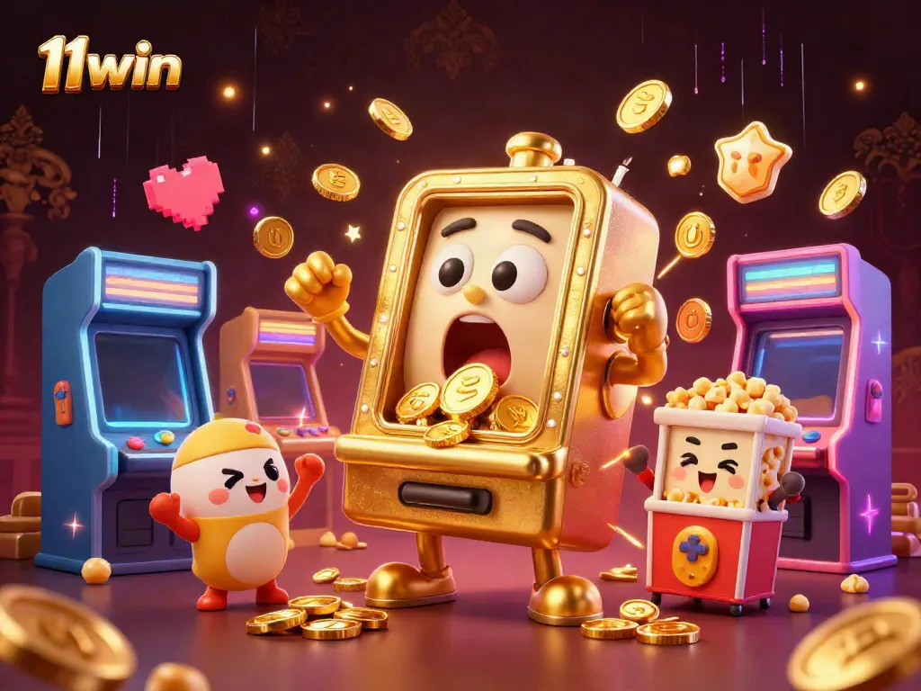 11win slot machine hits jackpot amidst cheering baby slots and golden popcorn in dynamic casino scene