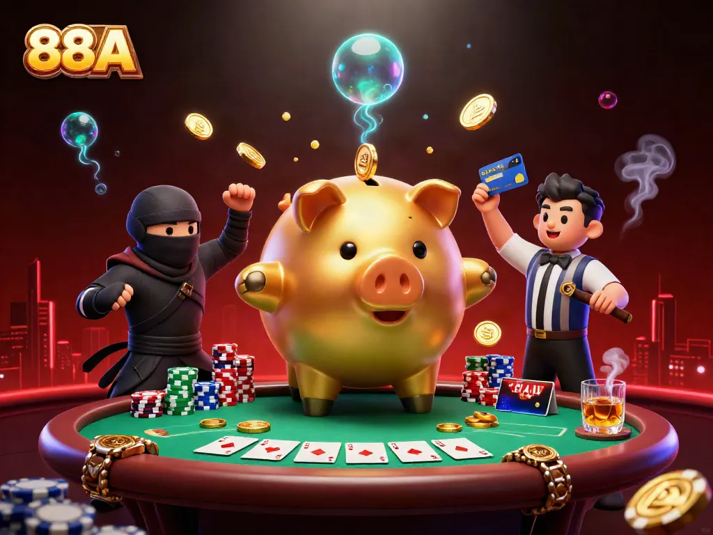 Experience the exciting world of 88AA with animated piggy banks and thrilling poker scenes.