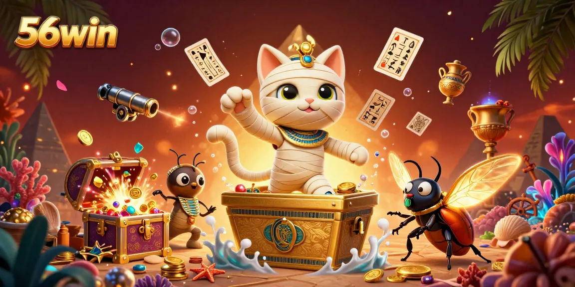 Experience the excitement of 56win with a vivid 3D casino scene featuring a mummy cat and treasures.