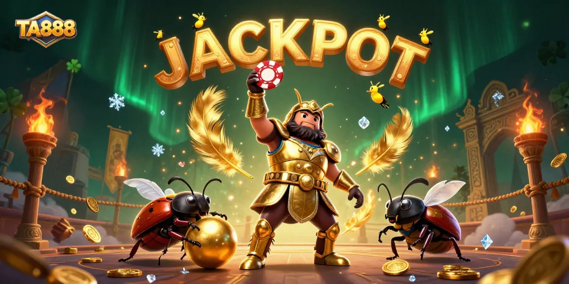 Engage in thrilling gameplay with TA888 as a beetle warrior lifts a poker chip, surrounded by excitement.