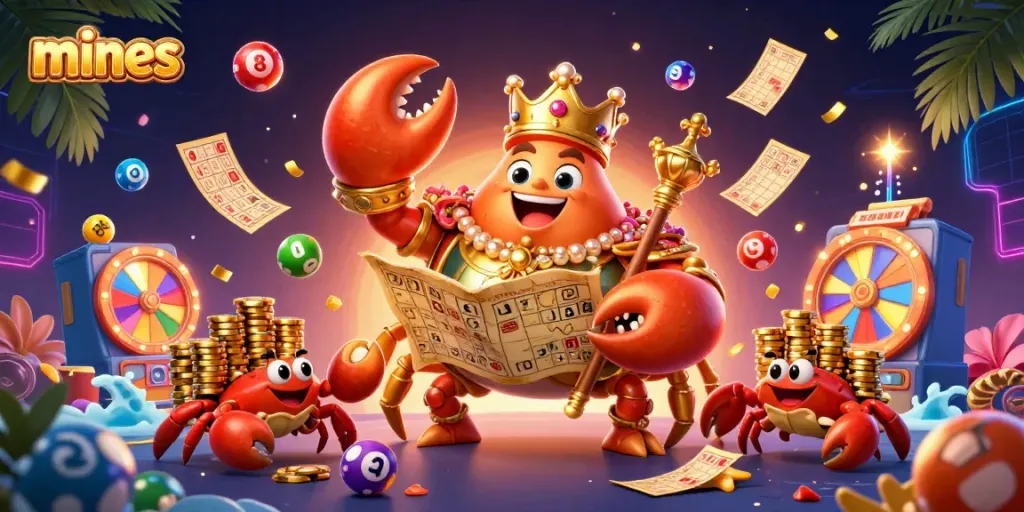 Experience the thrill of mines gameplay, showcasing a golden crab emperor amidst vibrant casino elements.